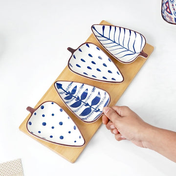 Femora Ceramic Serving Platter | 4 Small Leaf-Shaped Plates with 1 Wooden Tray | Perfect for Serving Sweets, Cookies, Dry Fruits, Mouth Freshner & Snacks (Blue & White).