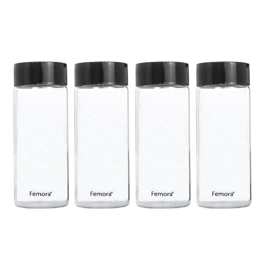 Femora Borosilicate Glass Water Bottle Durability and Elegance Combined, 500ML(4 Pc Set) (Black Lid)