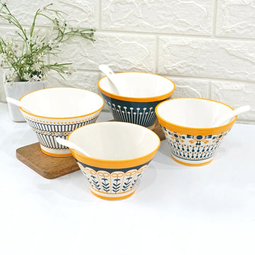 Femora Ceramic Ramen Bowls Set of 4 | Microwave & Dishwasher Safe Snack Bowl | Ideal for Serving Noodles, Ramen, Maggi, Soups or Curries (Bowls - 4,Spoon - 4 425ml Each)- Aloha Design