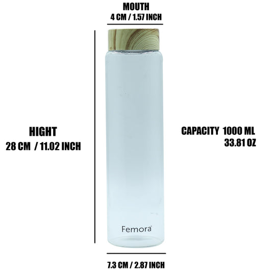 Borosilicate Glass Water Bottle With Wooden Lid, 1000 ML, 2 Pcs, Femora