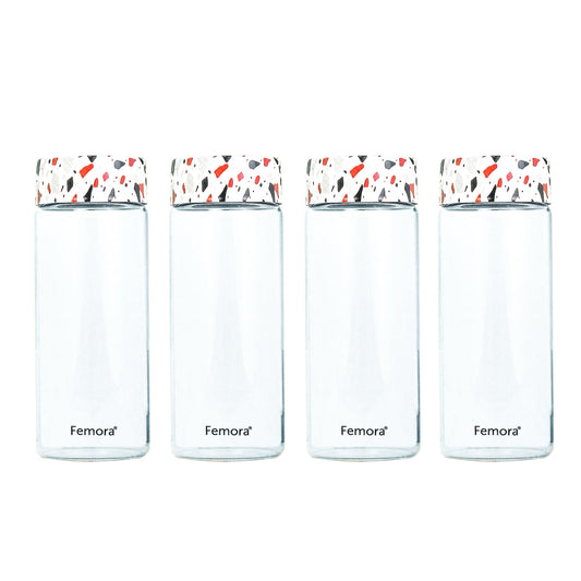 Femora Borosilicate Glass Water Bottle Durability and Elegance Combined, 500ML(4 Pc Set) (Dot Marble)