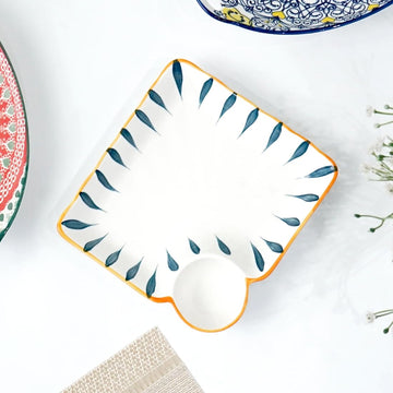 Femora Ceramic Square-Shaped Snack Plate with Dip Section for Chutney | Microwave & Dishwasher Safe Starter Plates | Perfect for Fries, Momos, Sushi, Kebab (White & Blue)