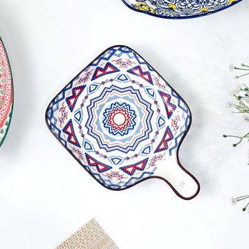 Femora Mandala Ceramic Snack Plates (White & Blue) - Square Dessert Plates with Handle for Baking and Serving Desserts, Snacks & Appetizers | Microwave Safe (9 Inch Each)