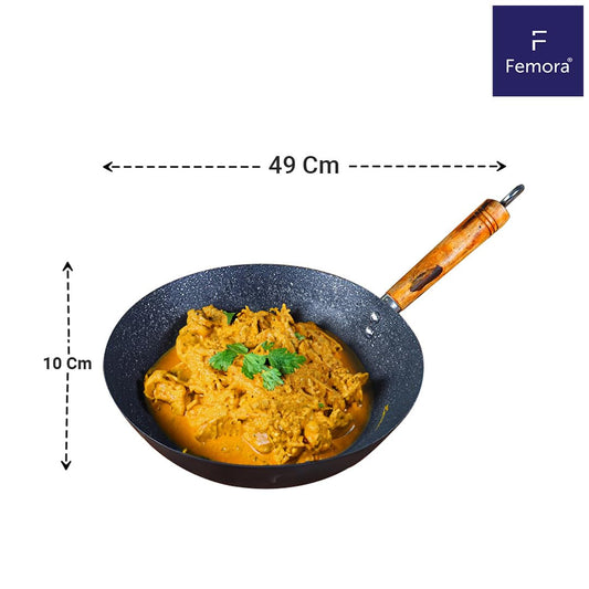 Femora Iron 30cm Wok/Kadhai for Cooking, Strong Wooden Handle, 50% Lighter Weight