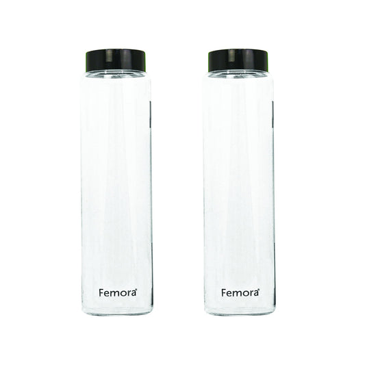 Femora Borosilicate Glass Water Bottle Durability and Elegance Combined, 750ML(2 Pc Set) (Black Lid)