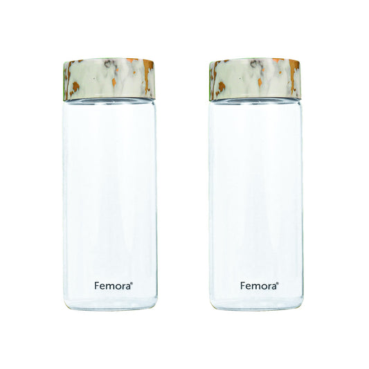 Femora Borosilicate Glass Water Bottle Durability and Elegance Combined, 500ML(2 Pc Set) (Marble Lid)