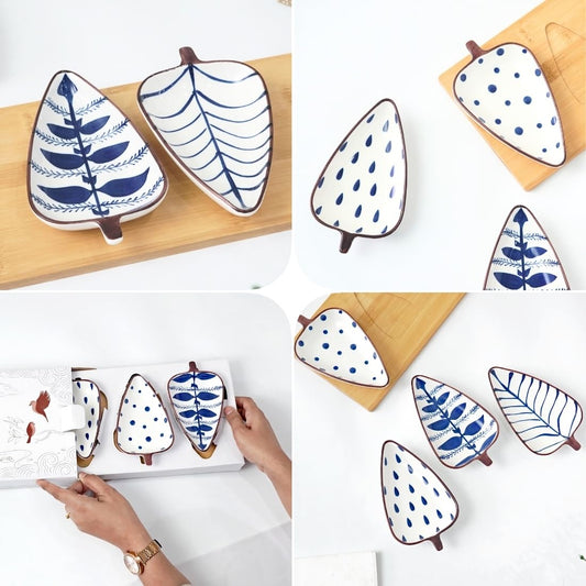 Femora Ceramic Serving Platter | 4 Small Leaf-Shaped Plates with 1 Wooden Tray | Perfect for Serving Sweets, Cookies, Dry Fruits, Mouth Freshner & Snacks (Blue & White).