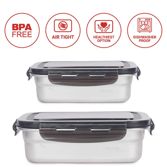 Femora Lunch Box High Steel Rectangle Heavy Duty Airtight Leakproof Unbreakable Storage Container, Lunch Box - 1850 ml/ 62 Oz, 1300 ml/ 44 Oz, Set of 2