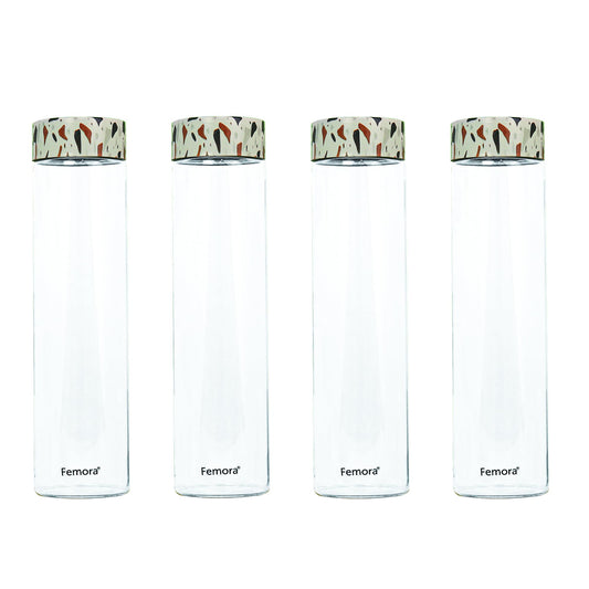 Femora Borosilicate Glass Water Bottle Durability and Elegance Combined, 1000ML(4 Pc Set) (Dot Marble)
