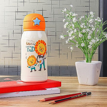 Kids Lion Design Hot & Cold Thermo Steel Sipper Water Bottle with Bag, 550 ML, 1 Pc, Femora
