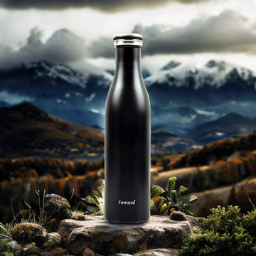 Thermo Steel Vacuum Stainless Steel Bottle, 750 ML, Black, HOT and Cold, Femora