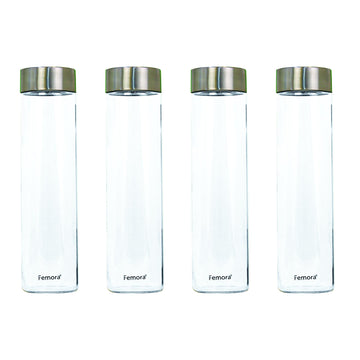 Borosilicate Glass Water Bottle With Steel Lid, 1000 ML, 4 Pcs, Femora