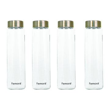 Borosilicate Glass Water Bottle With Stainless Steel Lid, 750 ML, 4 Pcs, Femora