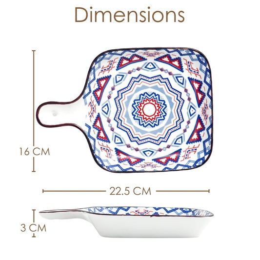 Femora Mandala Ceramic Snack Plates (White & Blue) - Square Dessert Plates with Handle for Baking and Serving Desserts, Snacks & Appetizers | Microwave Safe (9 Inch Each)
