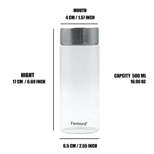 Borosilicate Glass Water Bottle With Stainless Steel  Lid, 500 ML, 1 Pcs, Femora