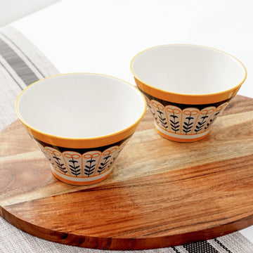 Femora Ceramic Ramen Bowls (Set of 2) - Charming Folk-Art Linear Pattern, 350ml | Microwave & Dishwasher Safe | Perfect for Noodles, Soups, Maggi & Dal-Chawal