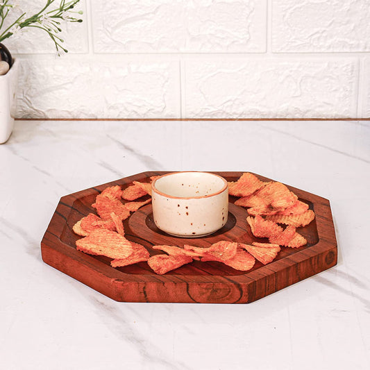 Octagon Wooden Serving Tray with Bowl, 1 pc Tray & Bowl, 9.5 Inch (23 * 23 CM), 1 Year Warranty.