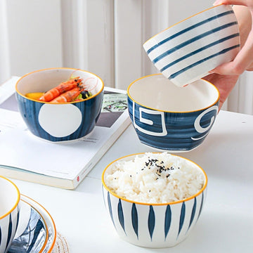 Femora 350ml Ceramic Bowl Set of 4 – Microwave & Dishwasher Safe, BPA & Lead-Free Dinner Bowls for Snacks, Rice, Dal, Fruits, Salad | Elegant White & Blue Serving Bowls, Gift-Pack Ideal for Gifting