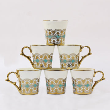 Premium Ceramic Golden Royal Turquoise Pattern Coffee & Tea Cup Set of 6, 180 ML, Femora