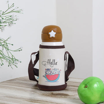 Stainless Steel Kids Hello Kitty Design Hot & Cold Thermo Steel Brown Water Bottle, 550 ML, Femora