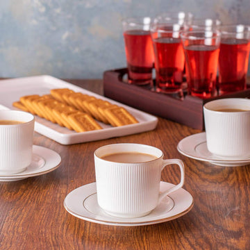 Ceramic Gold Line With Vertical Bar White Tea Cups Set with Saucer, 200 ML, 6 Cups, 6 Saucers, Femora