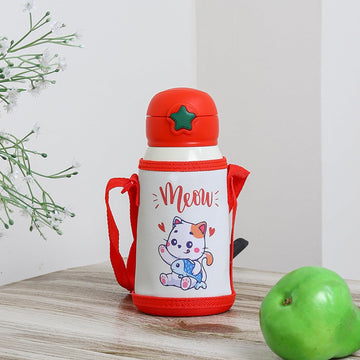 Stainless Steel Kids Kitten Design Hot & Cold Thermo Steel Brown Water Bottle, 550 ML, Femora
