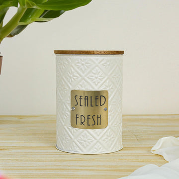 Femora Carbon Steel Canister Hammered Finish Sealed Fresh Airtight Storage Jars, 900 ML, White Color, Jar with Wooden Lid, Storage For Sugar, Tea/Container for Masala, Coffee/Multipurpose Storage Steel Canister For Kitchen