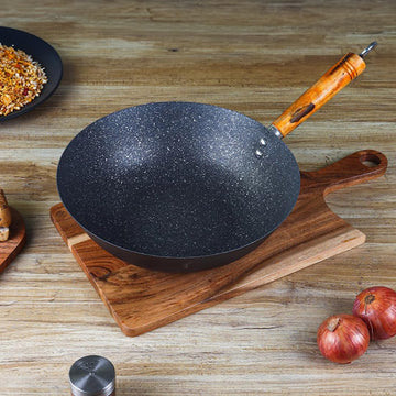 Femora Iron 30cm Wok/Kadhai for Cooking, Strong Wooden Handle, 50% Lighter Weight