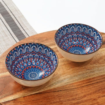 Femora Porcelain Bowl Set of 2 - Exquisite Mandala Pattern Design, Microwave & Dishwasher Safe, Lead-Free | Versatile Dinner & Serving Bowls, Perfect for Gifting
