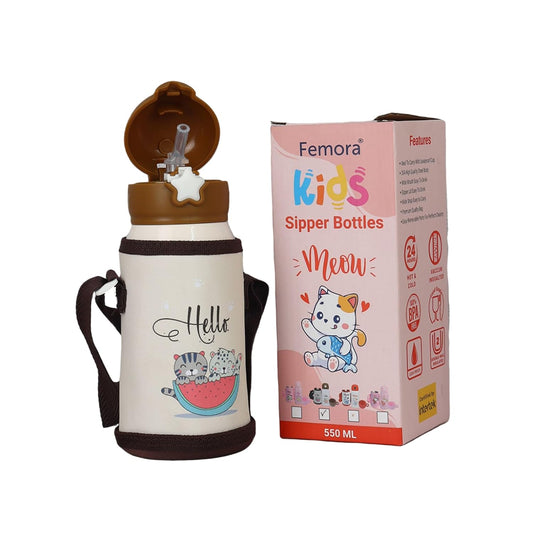 Stainless Steel Kids Hello Kitty Design Hot & Cold Thermo Steel Brown Water Bottle, 550 ML, Femora