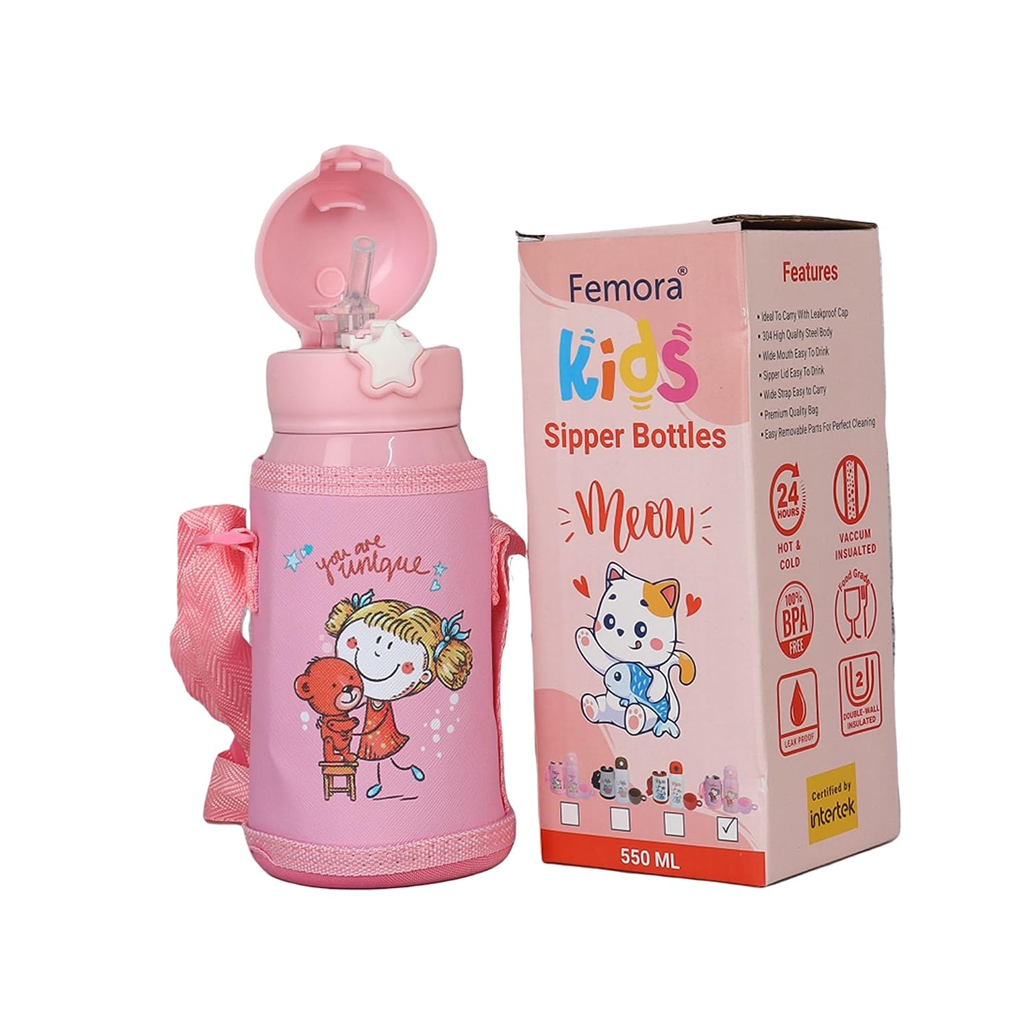Stainless Steel Kids You Are Unique Design Hot & Cold Thermo Steel Pink Water Bottle, 550 ML, Femora