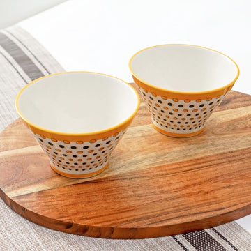 Femora Ceramic Ramen Bowls (Set of 2) - Playful Polka Dot Pattern, 350ml | Microwave & Dishwasher Safe | Perfect for Noodles, Soups, Maggi & Dal-Chawal