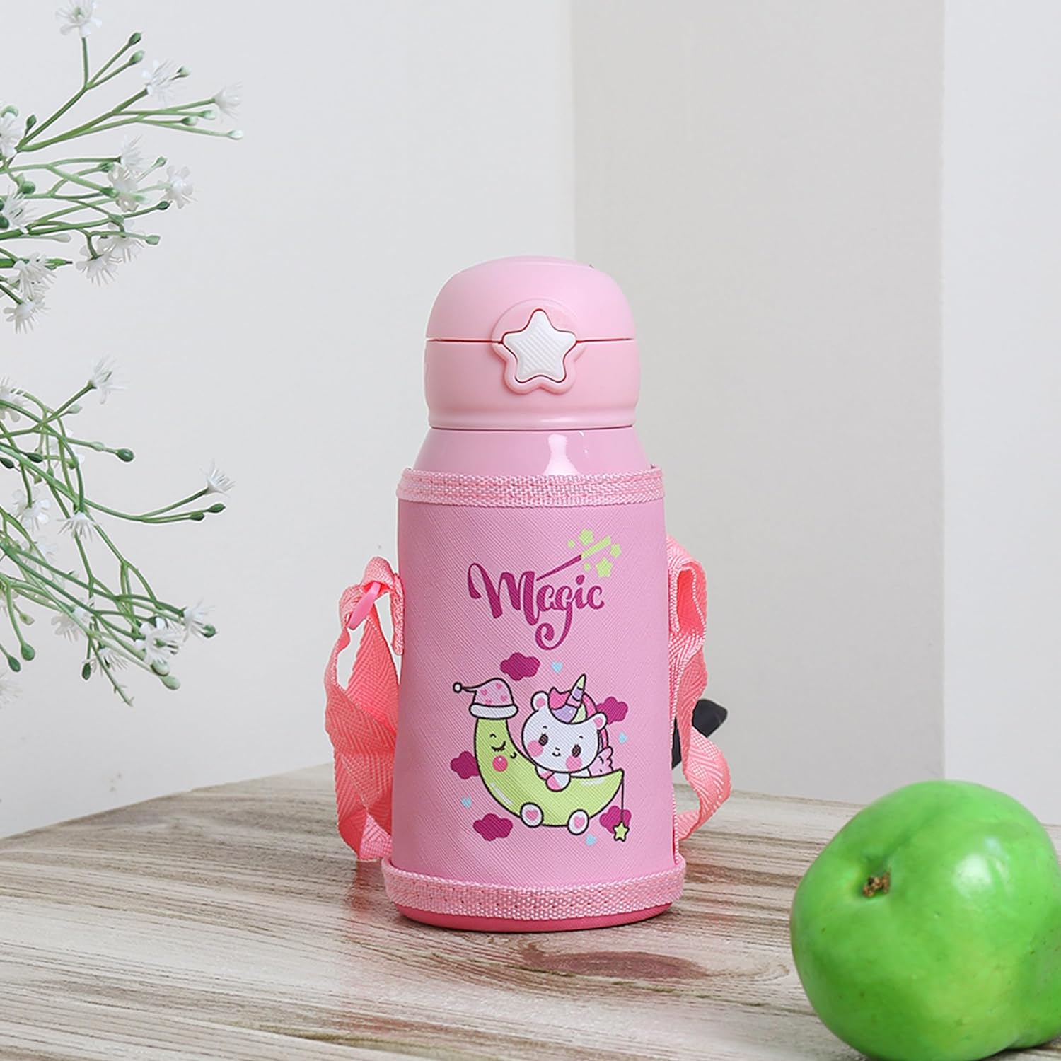 Stainless Steel Kids Magic Unicorn Design Hot & Cold Thermo Steel Pink Water Bottle, 550 ML, Femora