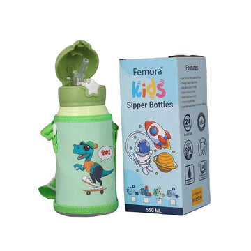 Stainless Steel Kids Dino Design Hot & Cold Thermo Steel Green Water Bottle, 550 ML, Femora
