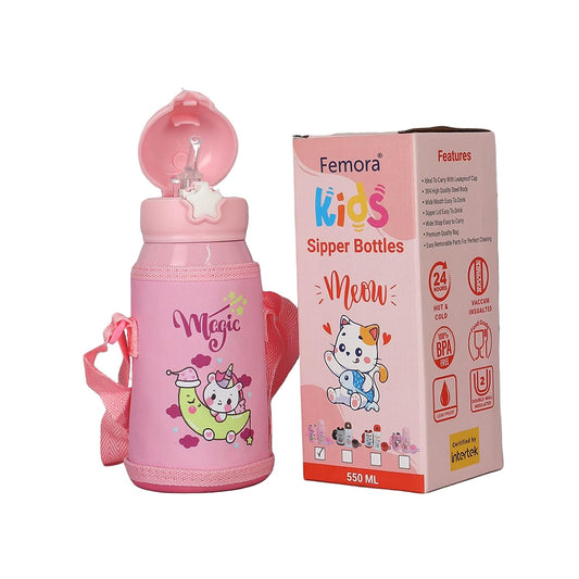 Stainless Steel Kids Magic Unicorn Design Hot & Cold Thermo Steel Pink Water Bottle, 550 ML, Femora
