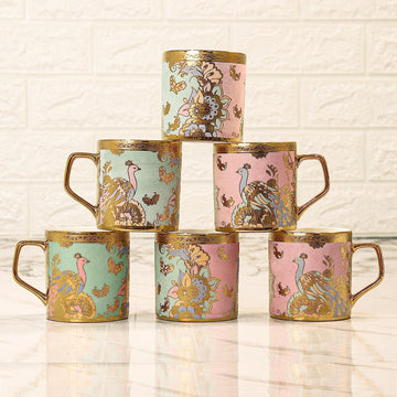 Premium Ceramic Butterfly & Peacock Coffee & Tea Cup Set of 6, 180 ML, Femora