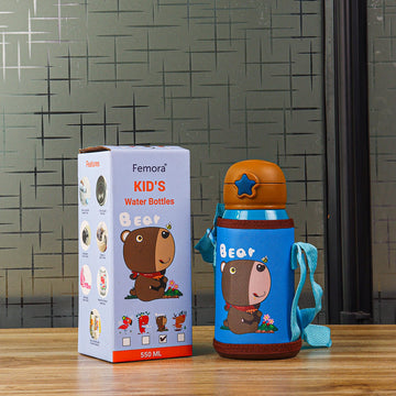 Stainless Steel Kids Bear Design Hot & Cold Thermosteel Blue Water Bottle with Bag, 550 ML, Femora