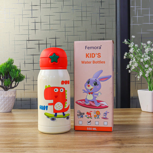 Kids Dinosaur Design Hot & Cold Thermo steel Water Bottle with Bag, 550 ML, 1 Pc, Femora