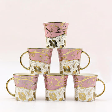 Premium Ceramic Pink Gold Line Flowers Tea Cup Set of 6, 180 ML, Femora