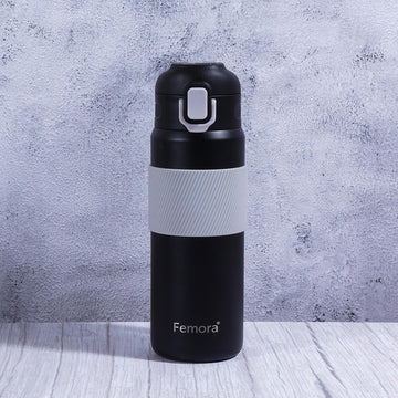 HydroPro Double Walled Stainless Steel Vacuum Insulated Flask Water Bottle, 600 ML,Black, Femora