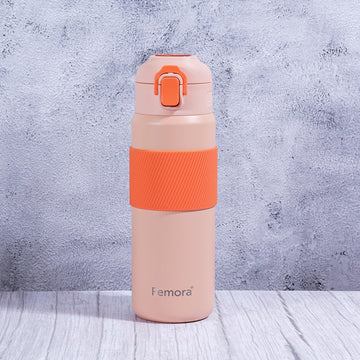 HydroPro Double Walled Stainless Steel Vacuum Insulated Flask Water Bottle, 600 ML,Orange, Femora