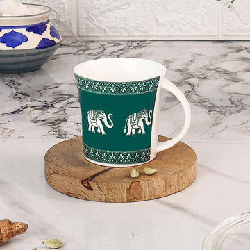 Femora Elephant Parade Pattern Tea Cups, Ceramic Tea Cups, Coffee Mugs (160 ml) - 6 Pcs Set (Green)