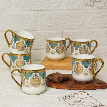 Premium Ceramic Royal Crowned Green Coffee & Tea Cup Set of 6, 180 ML, Femora