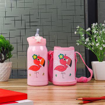 Stainless Steel Kids Flamingo Design Hot & Cold Thermo Steel Pink Water Bottle, 550 ML, Femora