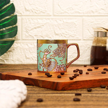 Ceramic Wandering Peacock Tea Mugs, Ceramic Tea Cups, Coffee Mugs (180 ml, Golden) - 6 Pcs Set