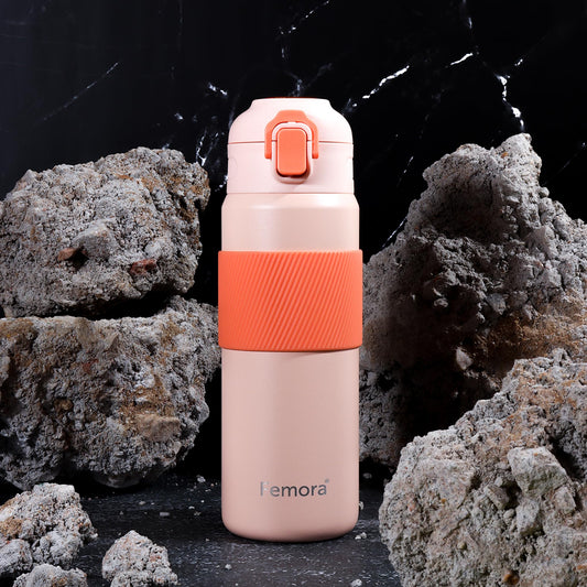 HydroPro Double Walled Stainless Steel Vacuum Insulated Flask Water Bottle, 600 ML,Orange, Femora