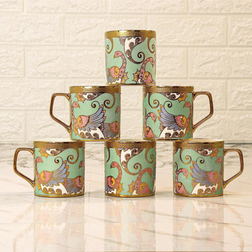 Premium Ceramic Dancing Peahens Coffee & Tea Cup Set of 6, 180 ML, Femora