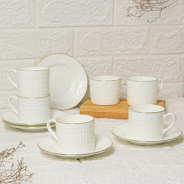 Ceramic Gold Line Square Cut White Tea Cup Set with Saucer, 200 ML, 6 Cups, 6 Saucers, Femora