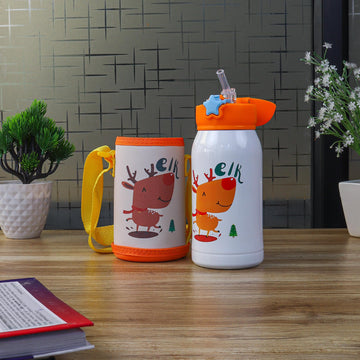 Stainless Steel Kids Elk Design Hot & Cold Thermo Steel Pink Water Bottle, 550 ML, Femora
