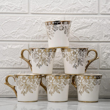 Premium Ceramic Gold Floral Buds Leaves Coffee & Tea Cup Set of 6, 160 ML, Femora